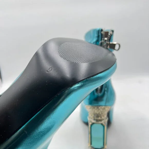 FSJ Turquoise Peep Toe Slouch Ankle Boots Chunky Stacked Heels Party Prom Shoes - Picture 6 of 8